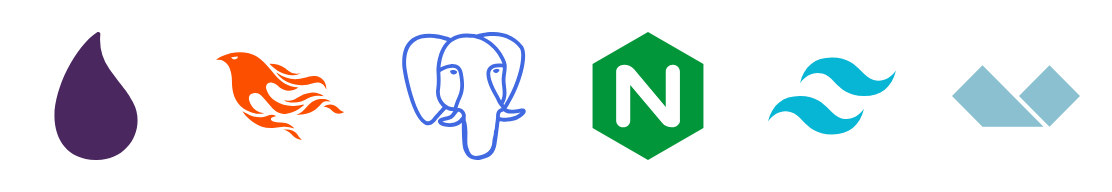 Elixir, Phoenix Framework, PostgreSQL, NginX, Tailwind CSS, Alpine.js